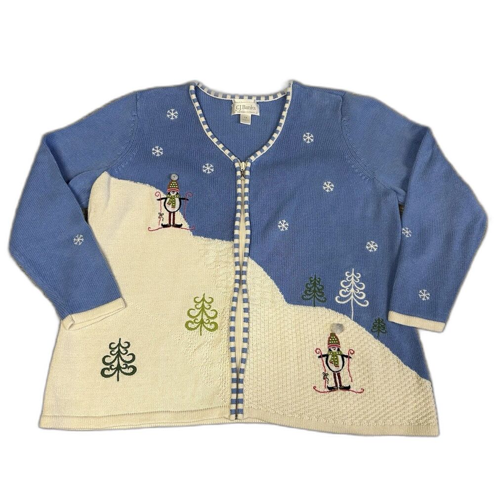 CJ Banks Sweater Womens 1X Embroidered Christmas Snowman Holiday Full Zip